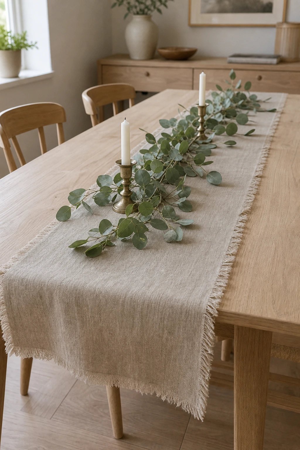 A linen runner in a soft neutral