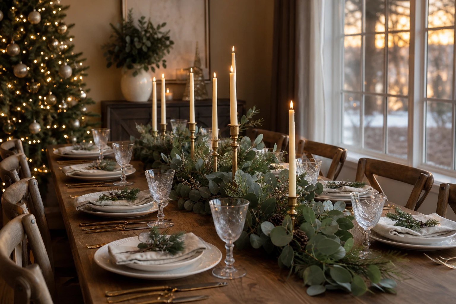 Cozy Christmas dining table with a greenery runner, brass candlesticks and simple place settings