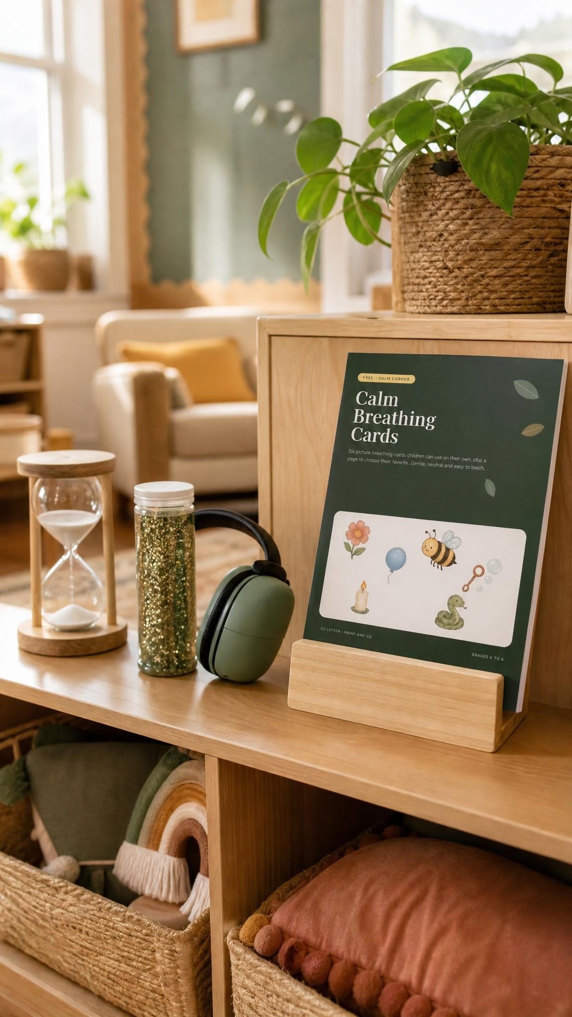 Calm reset station with a sand timer, sensory bottle, kids earmuffs and breathing cards