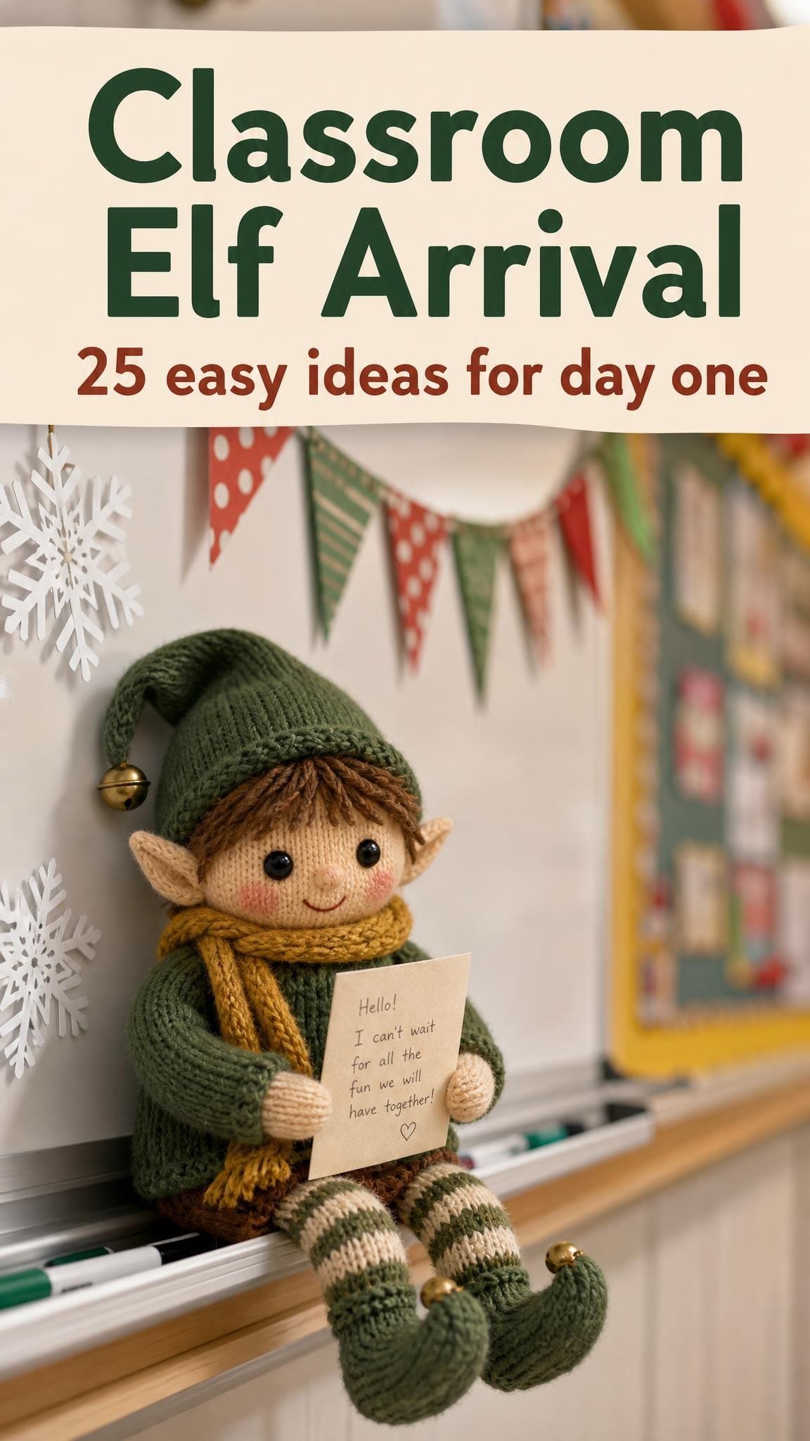 Knitted elf doll on a classroom whiteboard ledge holding a welcome letter, a classroom elf arrival idea