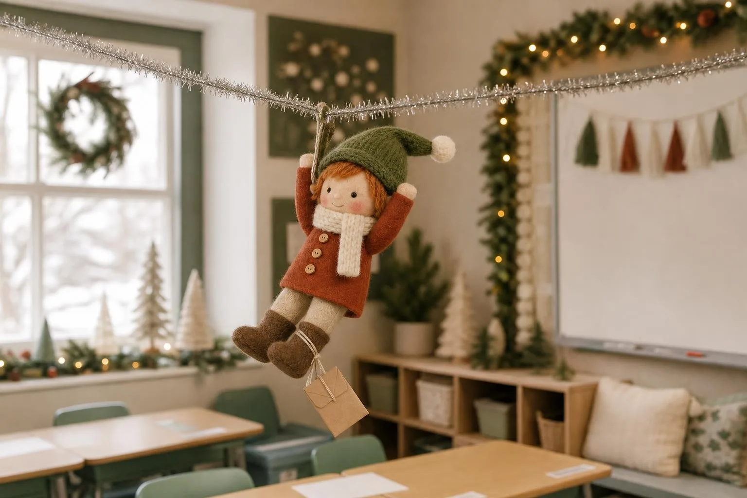 Classroom elf arriving on a tinsel zip line across the room with a welcome letter