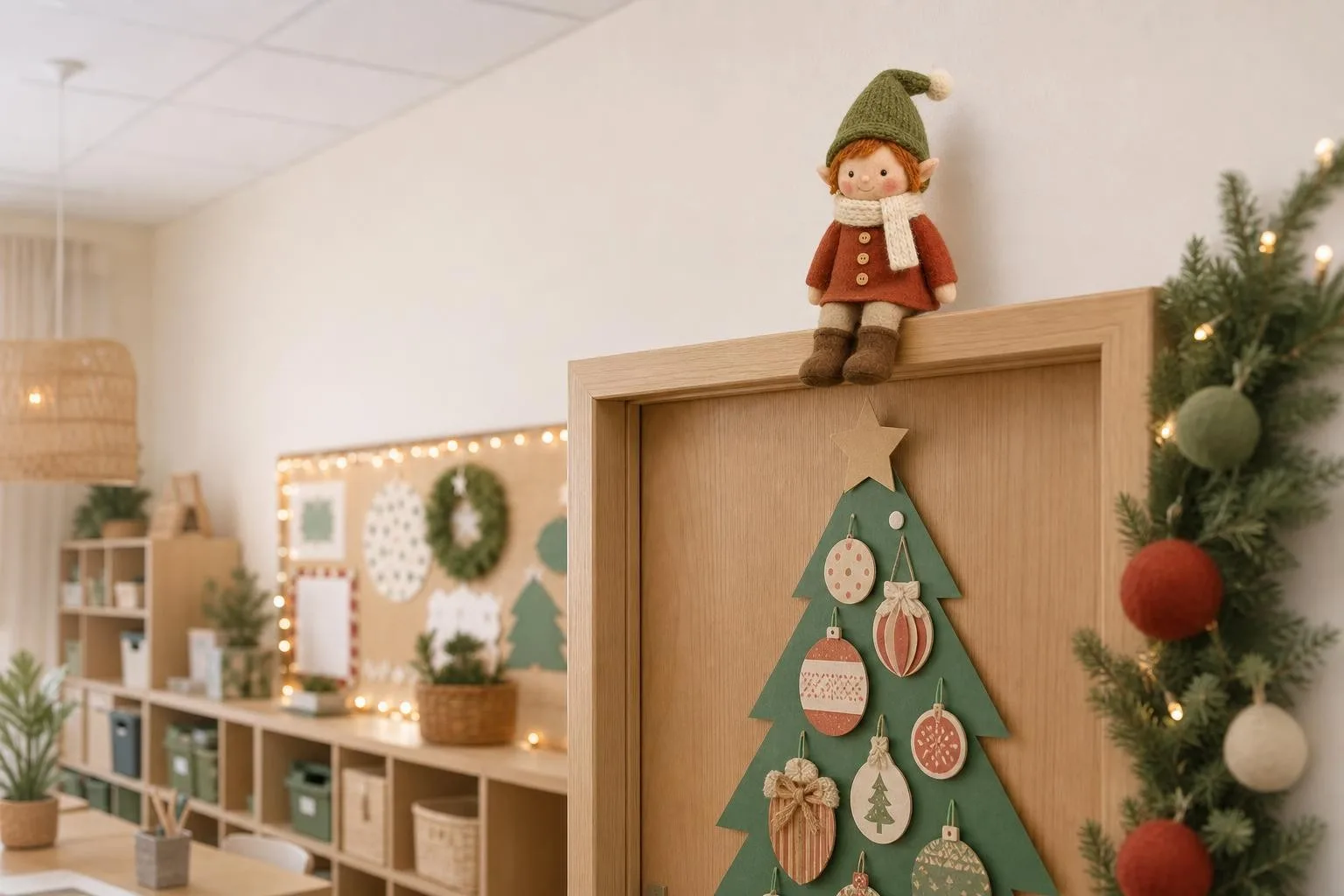 Classroom elf sitting above a classroom door decorated as a Christmas tree
