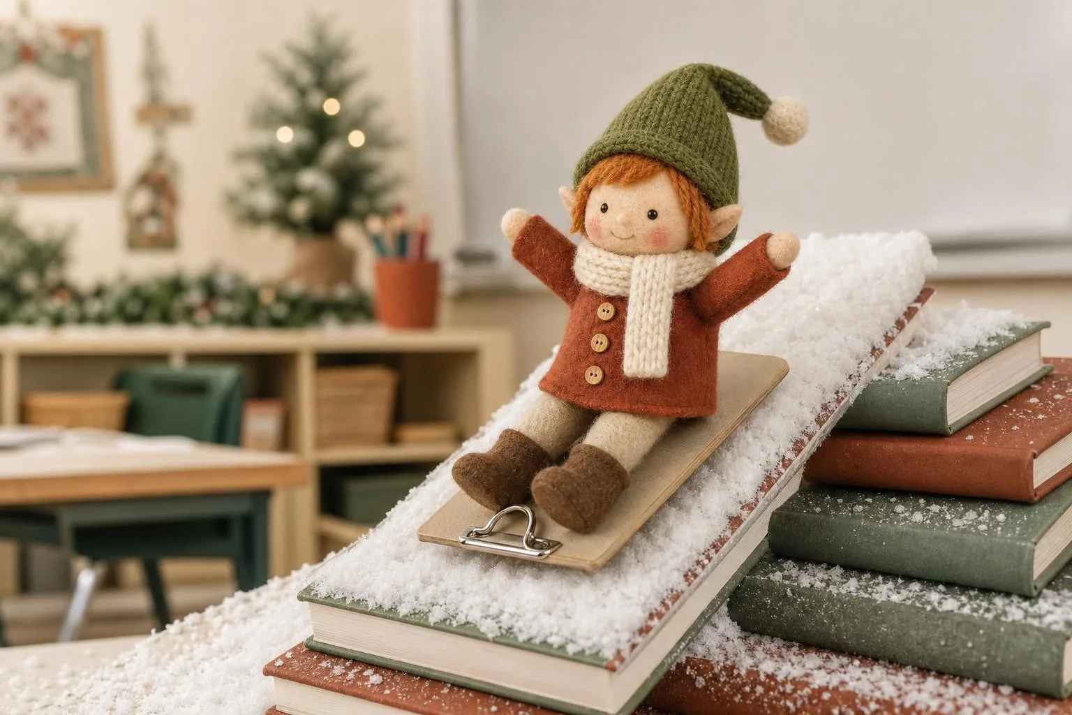 Classroom elf sledding on a clipboard down a stack of snowy books