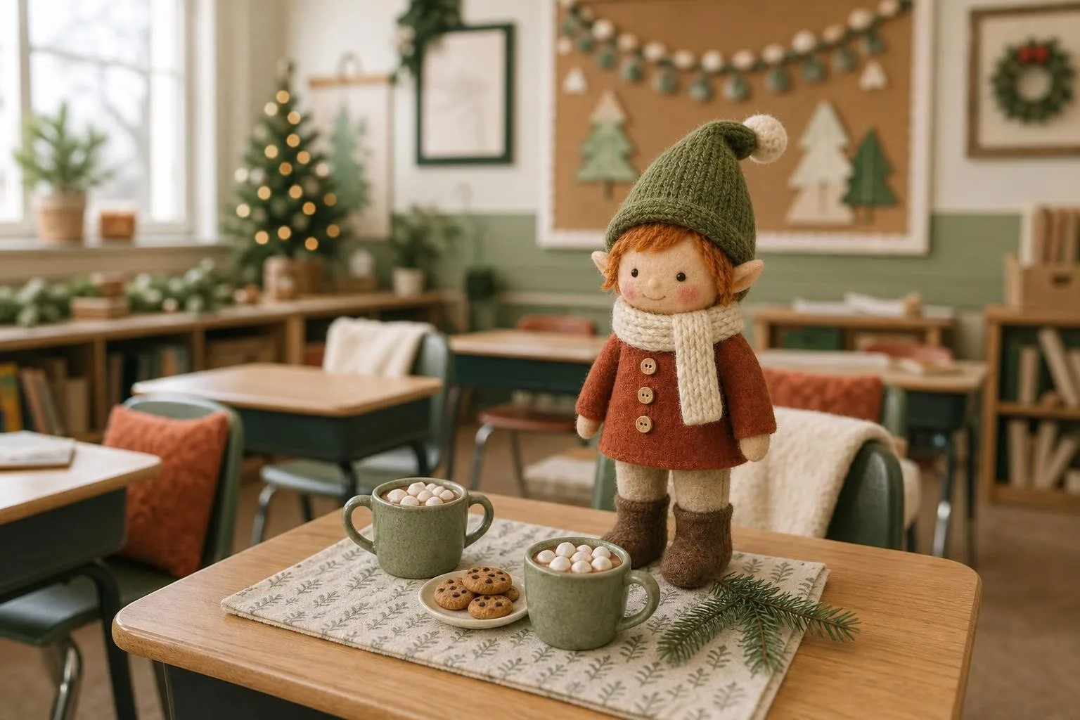 Classroom elf with a tiny cocoa picnic on a student desk