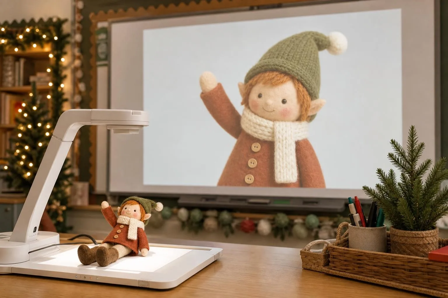 Classroom elf under the document camera projected giant on the screen