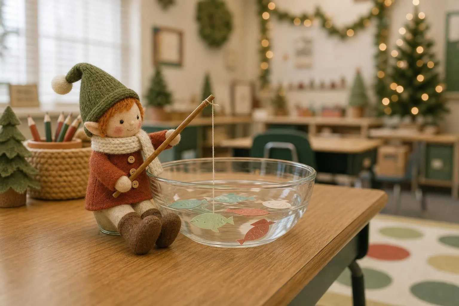 Classroom elf fishing for paper fish in a clear bowl with a pencil rod