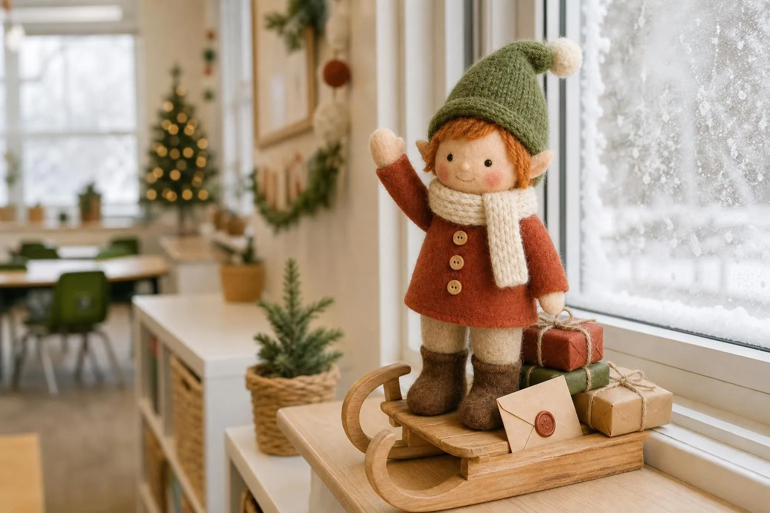 Classroom elf waving goodbye from a small sleigh with gifts on the windowsill