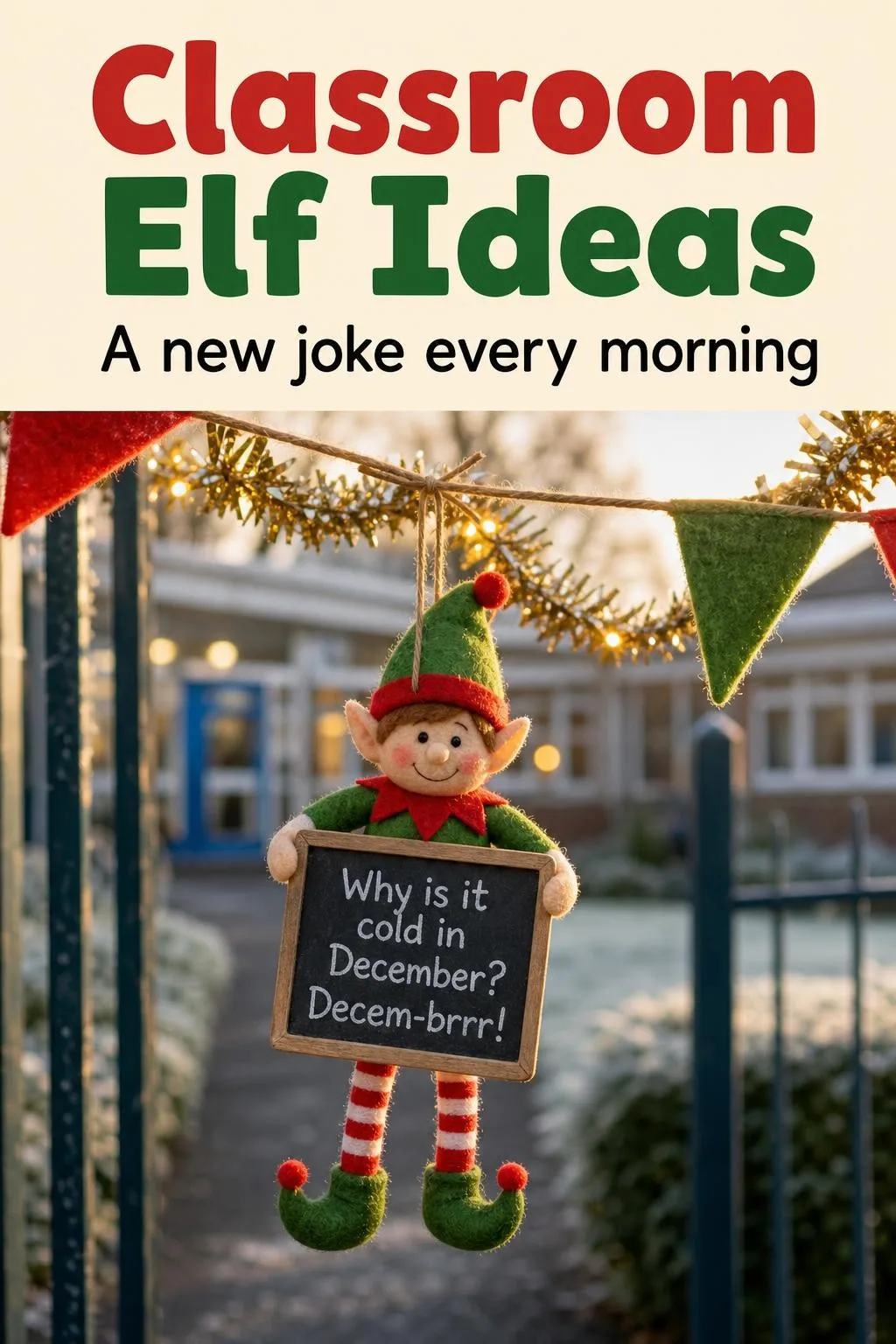 Classroom elf hanging from Christmas bunting at the school gate holding a joke sign