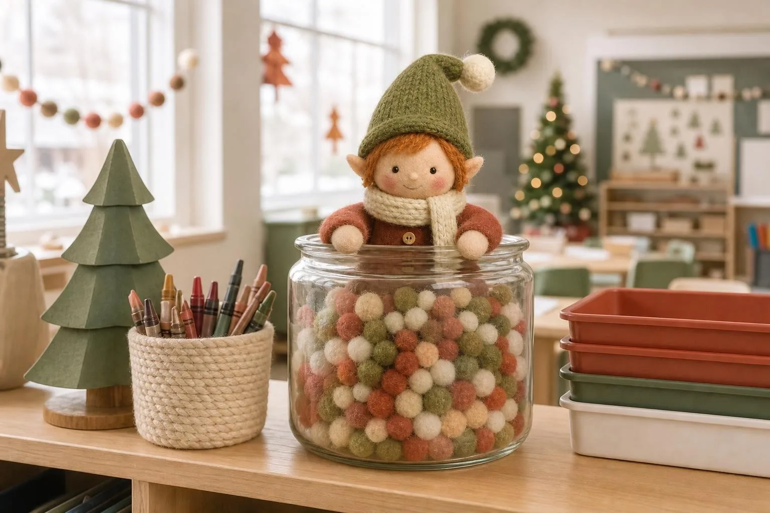 Classroom elf sitting in a pom pom reward jar
