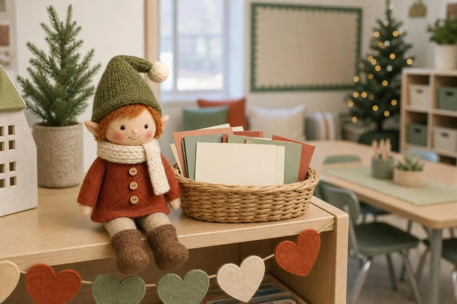 Classroom elf beside a basket of kindness challenge cards