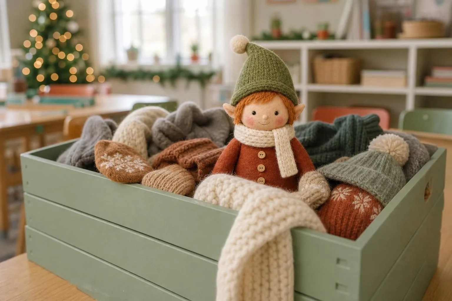Classroom elf hiding in the lost and found box with mittens and hats