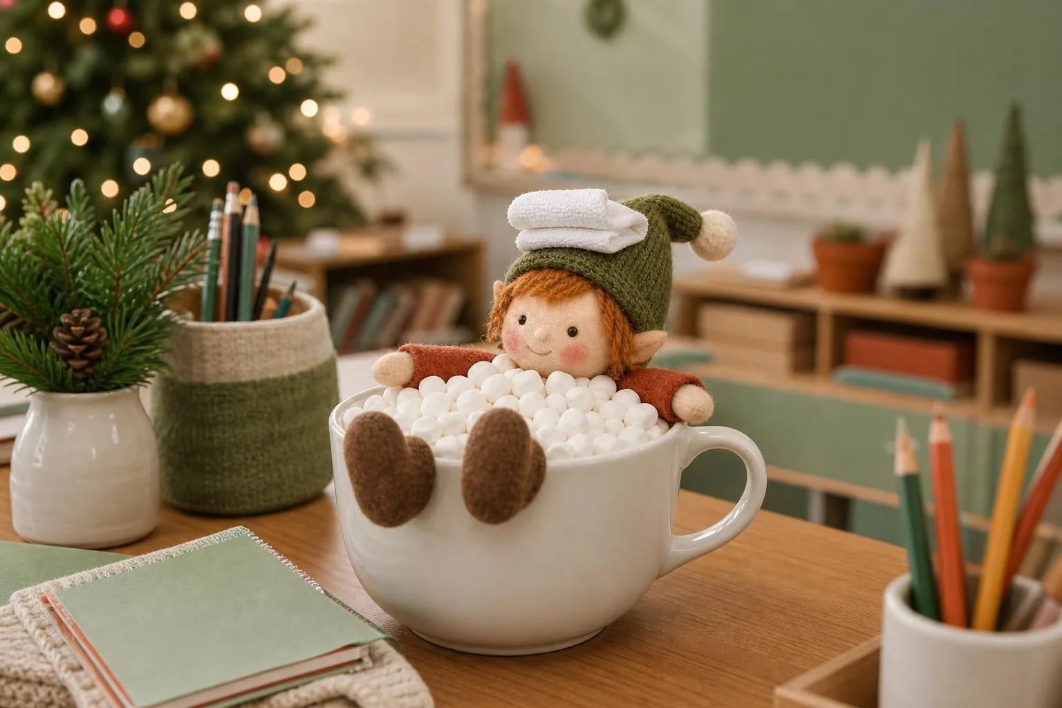 Classroom elf relaxing in a mug of mini marshmallows