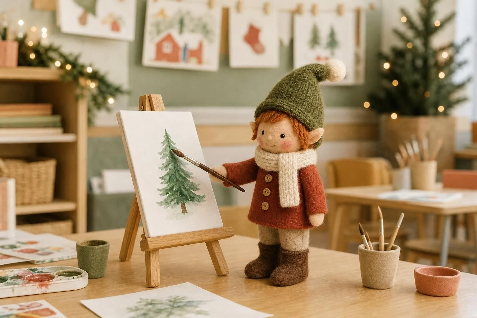 Classroom elf painting a watercolor tree at a tiny easel