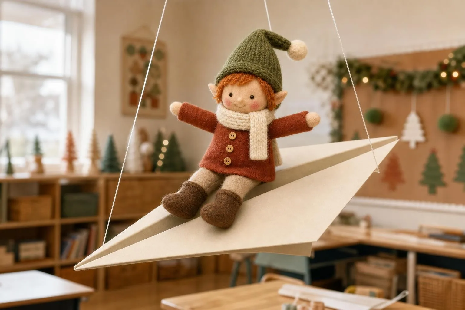 Classroom elf riding a giant paper airplane hanging from the ceiling