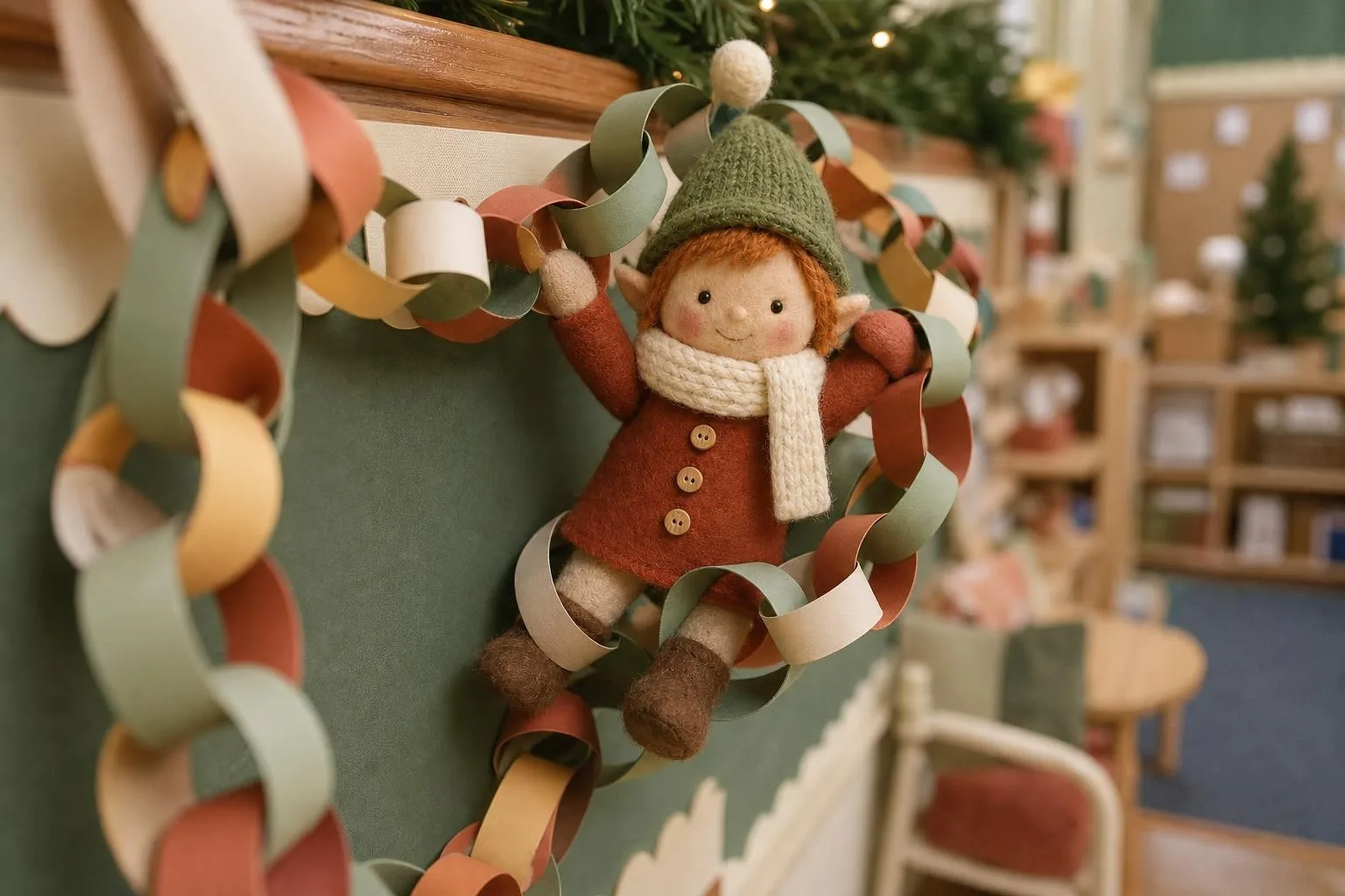 Classroom elf tangled in a paper chain countdown