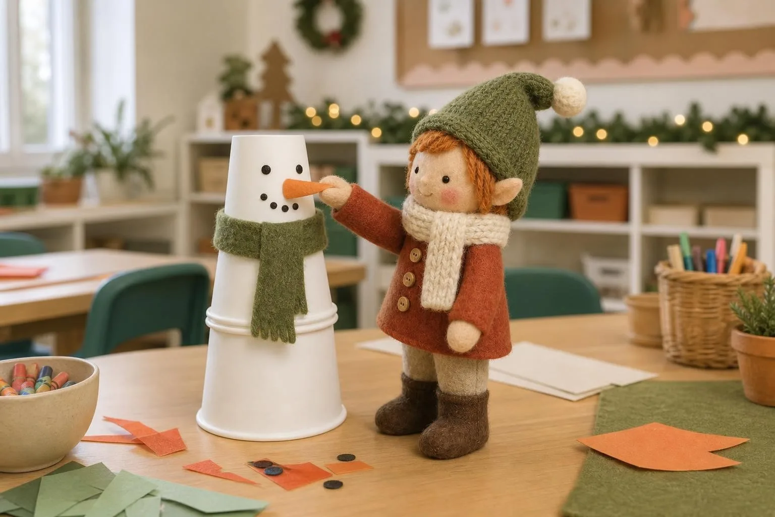 Classroom elf building a snowman from paper cups
