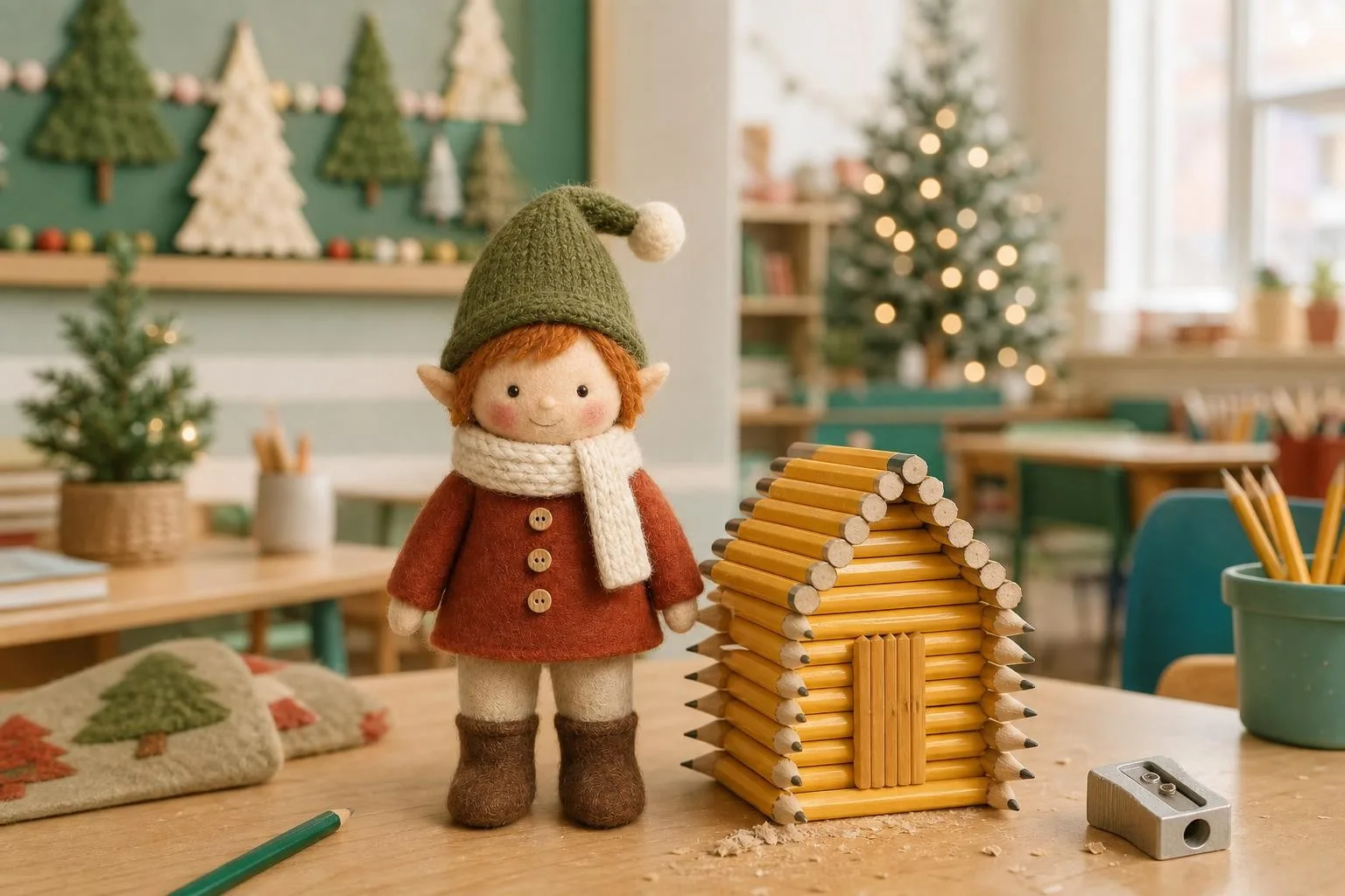 Classroom elf beside a log cabin built from sharpened pencils
