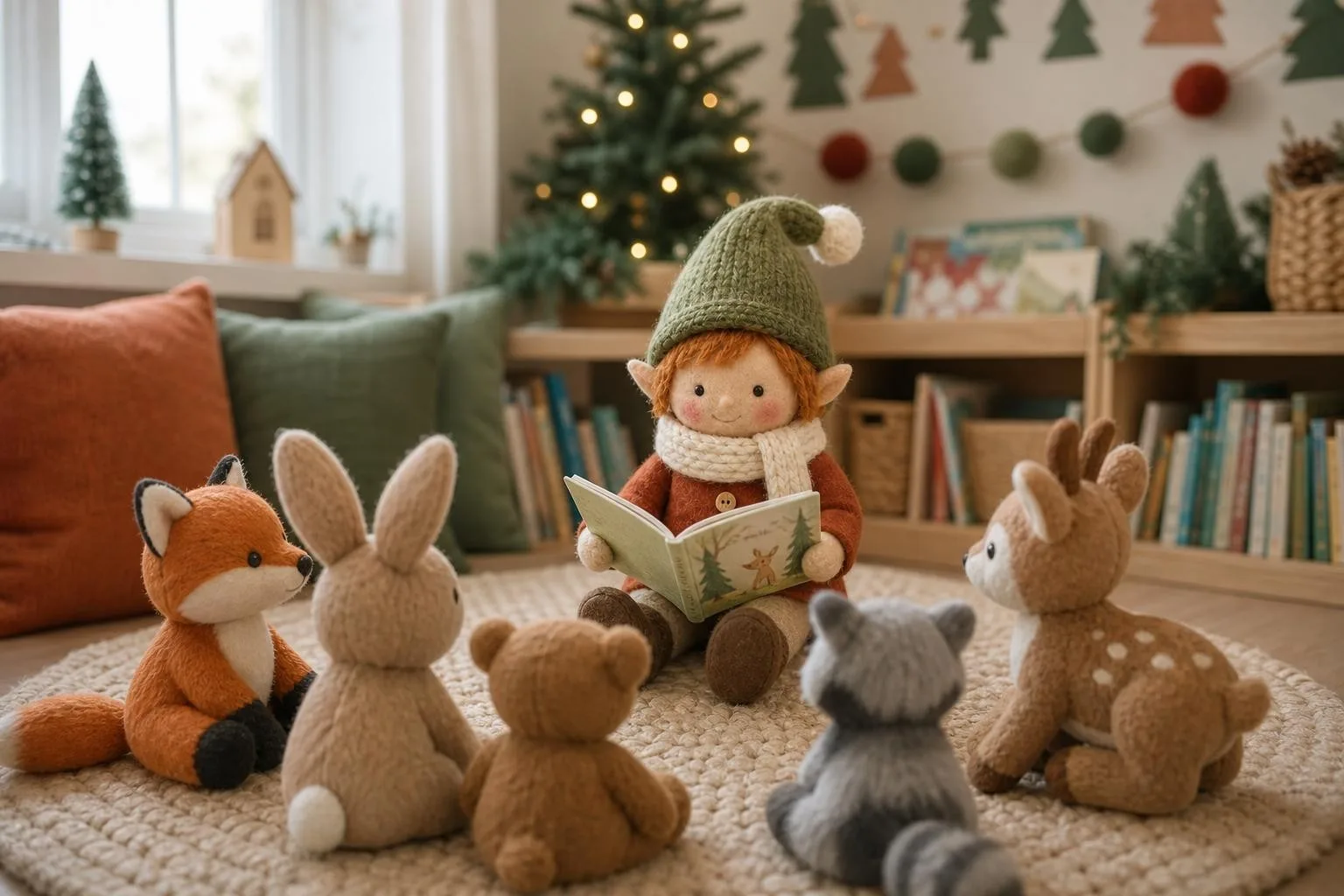 Classroom elf reading a picture book to stuffed animals in the class library