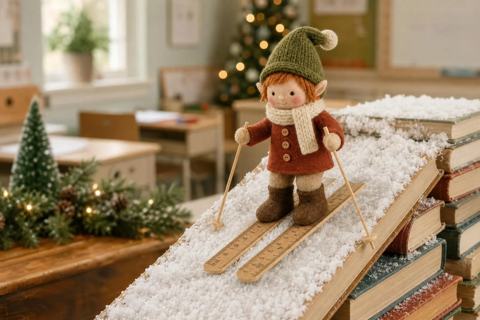 Classroom elf skiing on rulers down a stack of books with fake snow