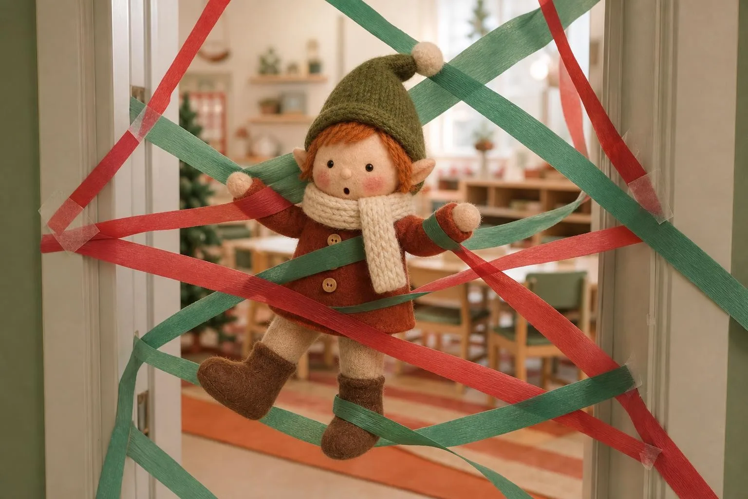 Classroom elf caught in red and green streamers across the classroom door