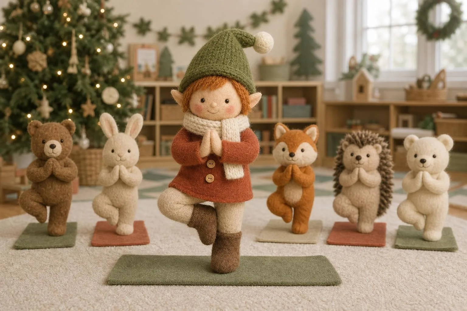 Classroom elf doing tree pose yoga with stuffed animals
