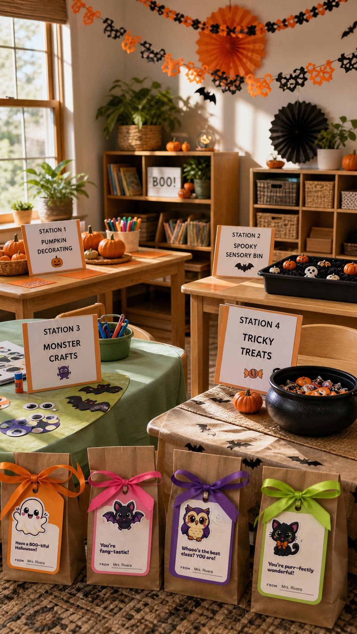 Elementary classroom set up for a calm Halloween party with four activity stations