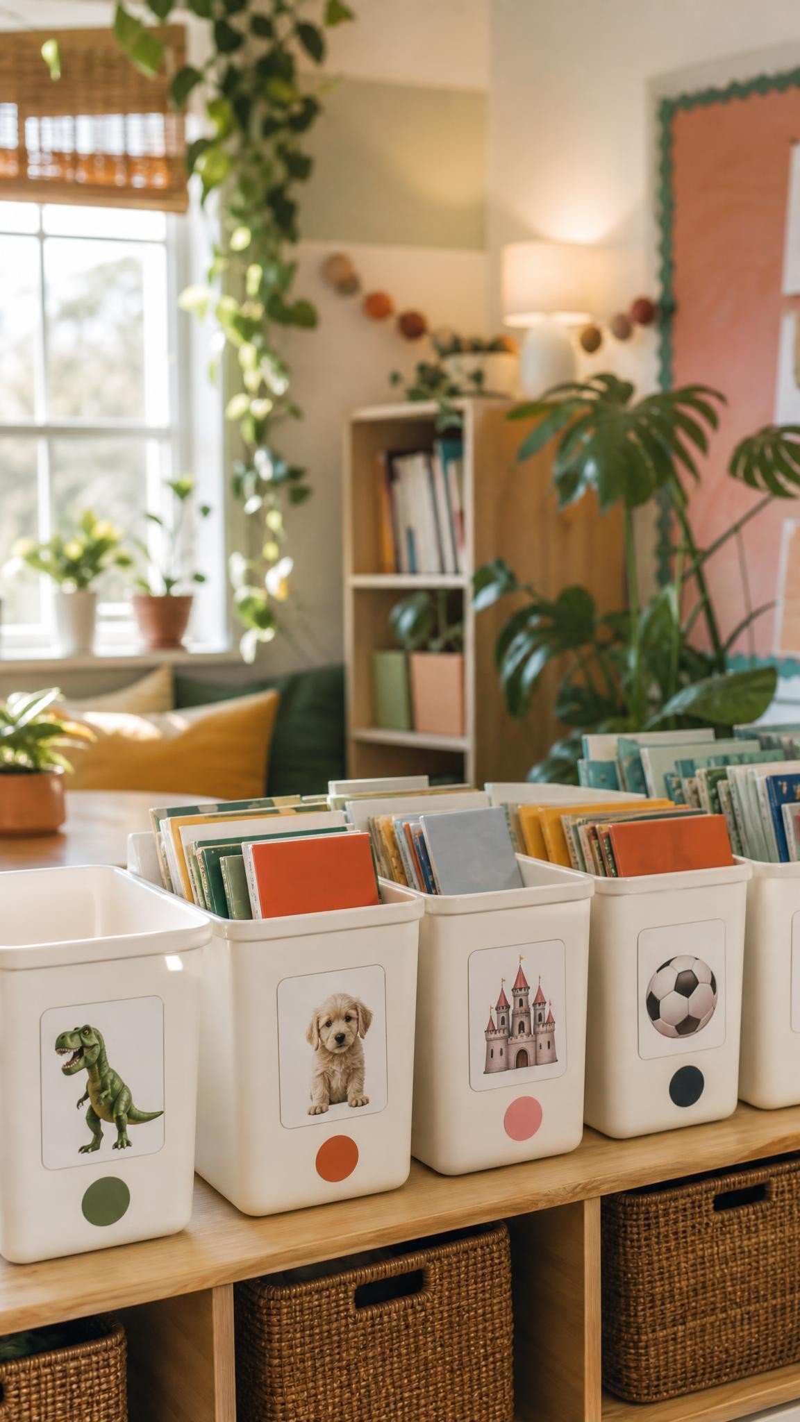 Classroom library book bins with picture labels: dinosaur, rocket, heart and leaf