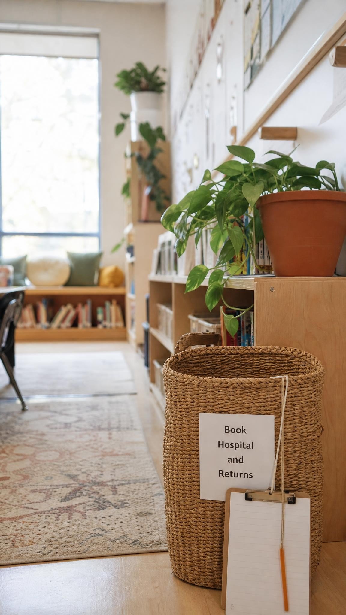 Classroom library book return crate with a tag beside the end of a bookshelf