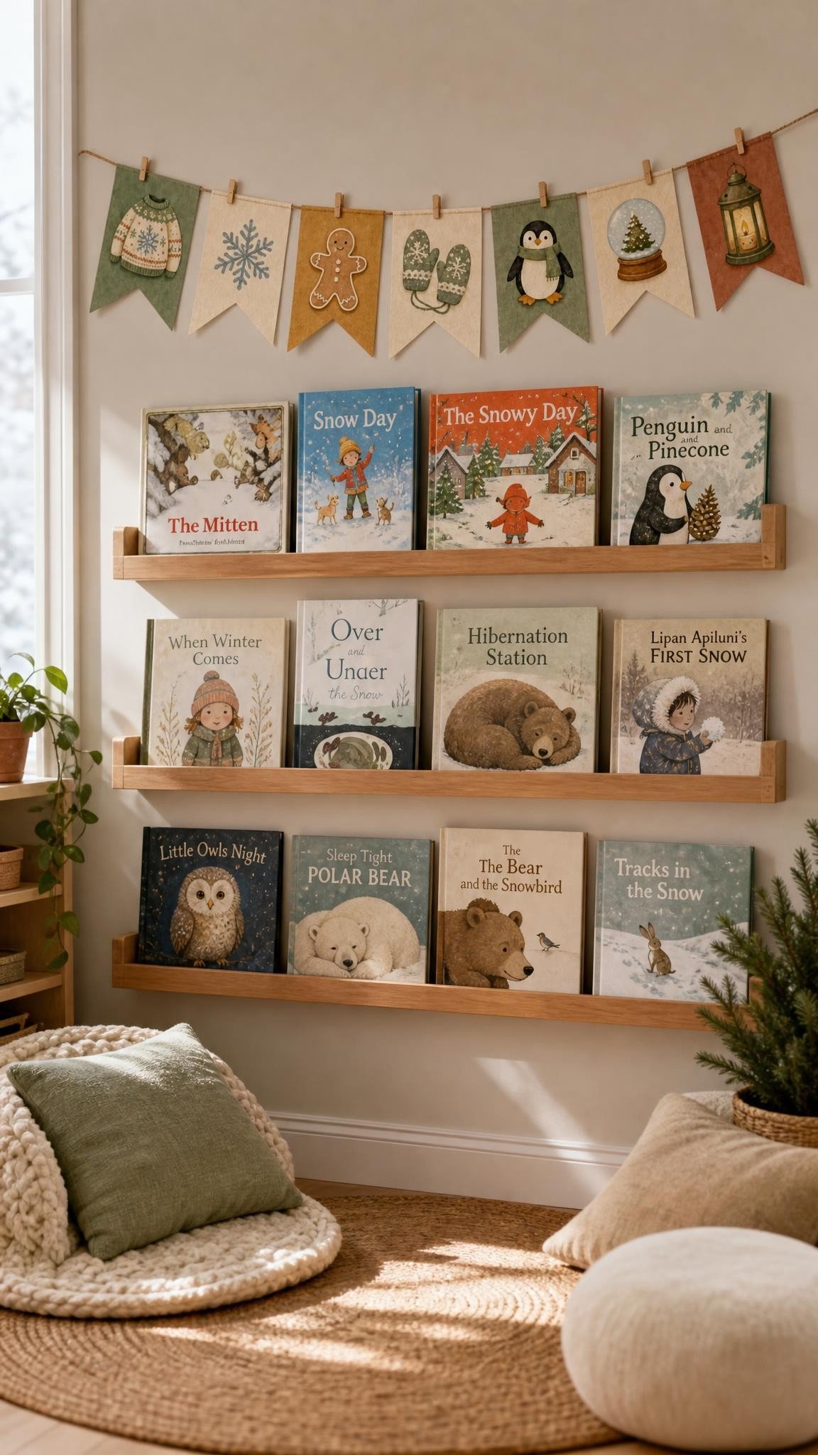 Front facing picture book display shelves on a classroom wall with a mini easel