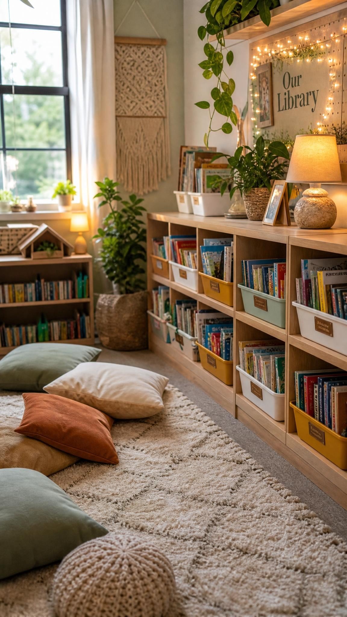 Organized classroom library with colorful labeled book bins, front facing books, a rug and floor cushions