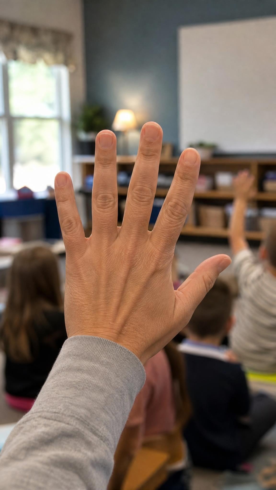 A teacher hand held up with five fingers spread in front of a blurred elementary classroom, close up on the hand only