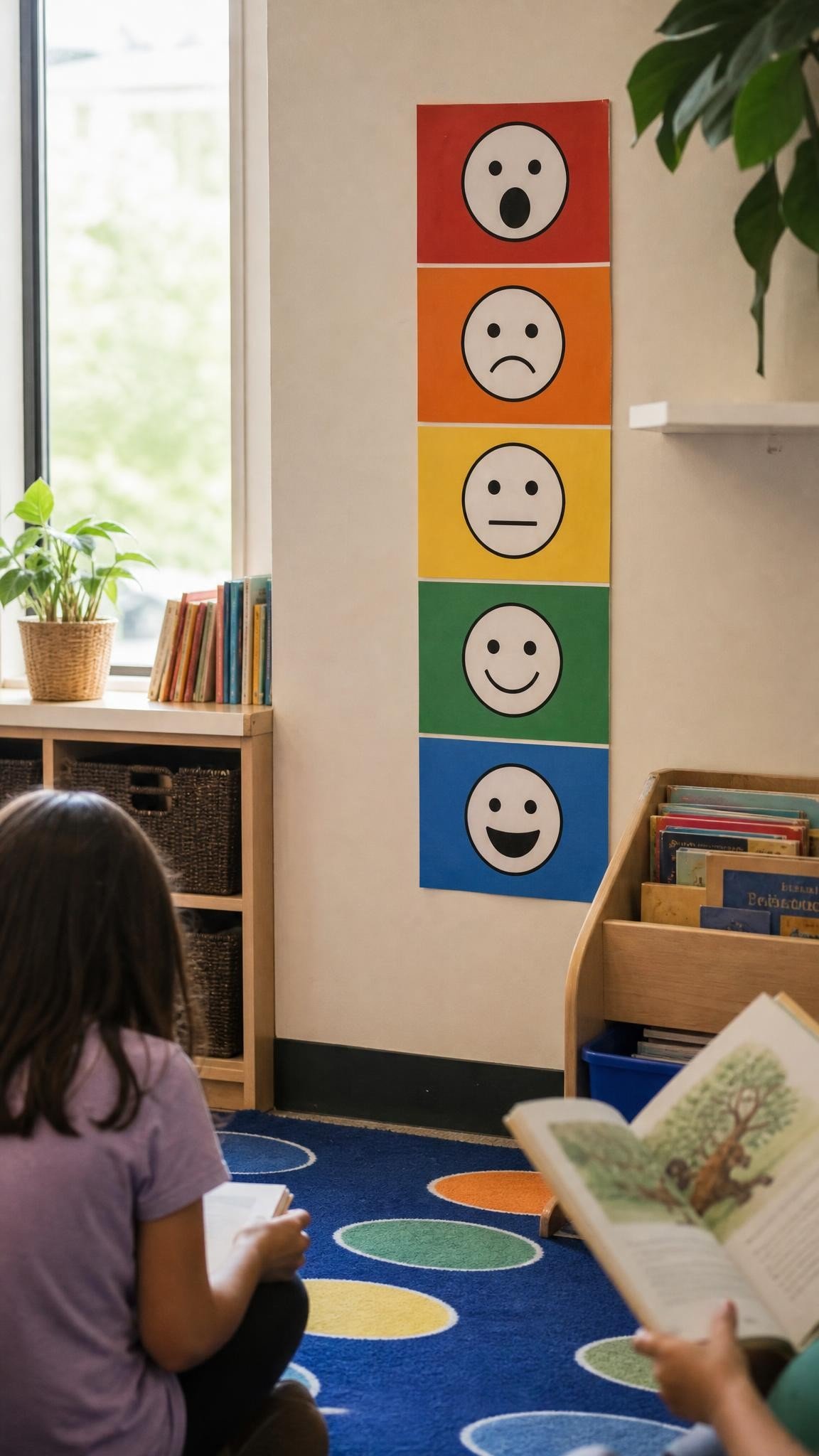 A colorful voice level chart on a classroom wall made of five stacked colored bands with simple face icons, a reading rug below