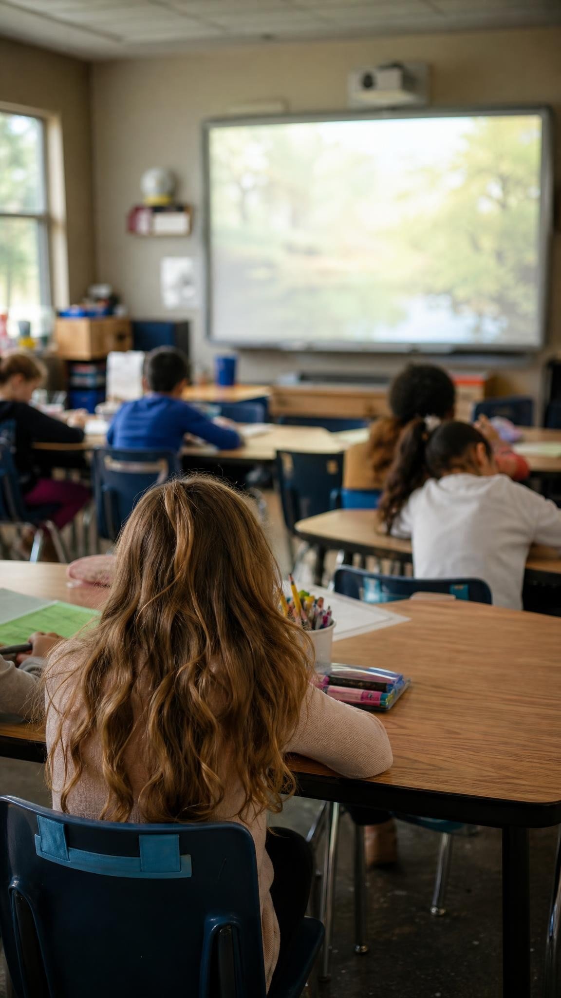 A calm elementary classroom during quiet work time, children seen only from behind at their tables, an interactive board at the front glowing softly