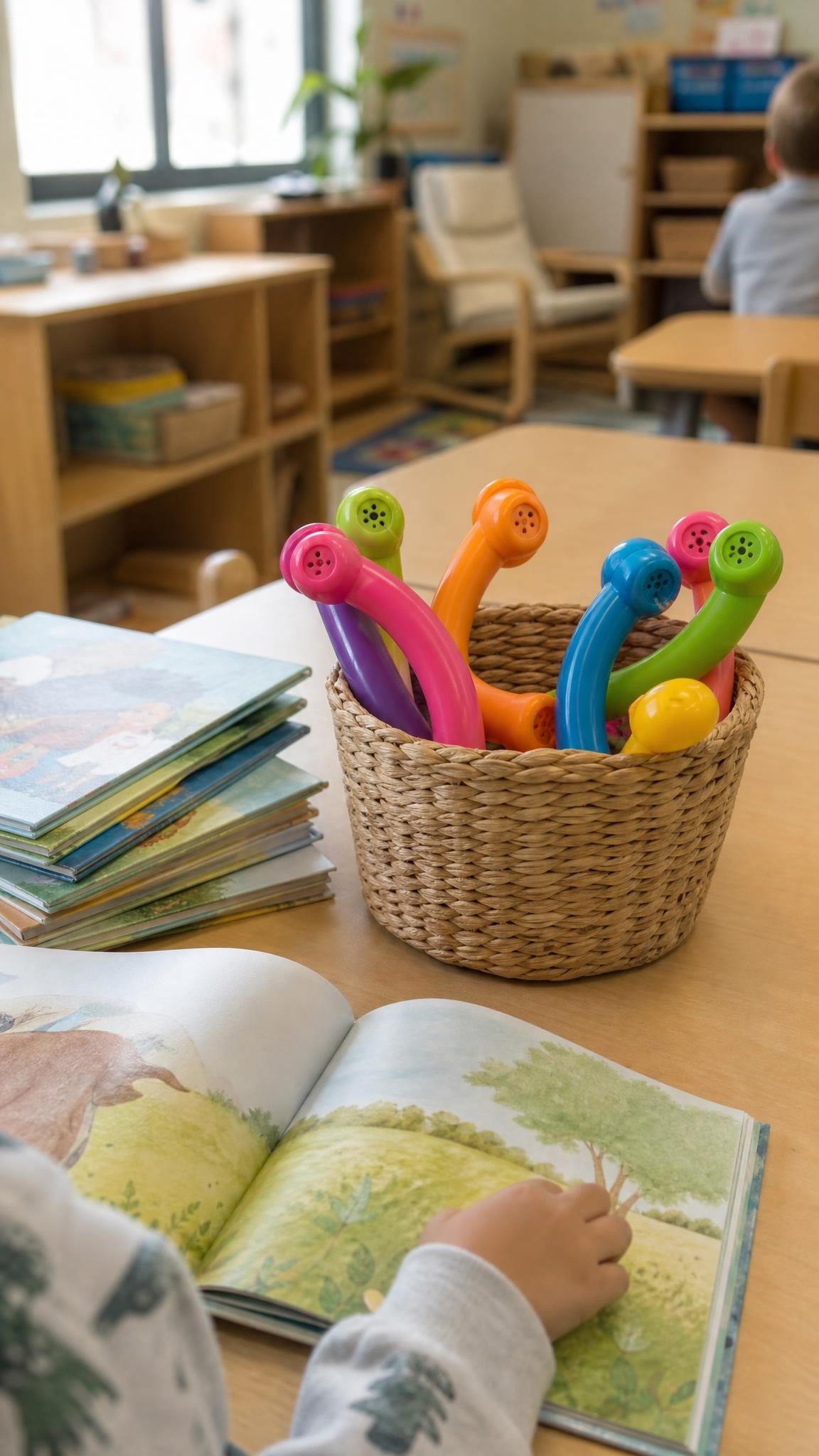 A small basket of colorful plastic whisper phones on a classroom reading table beside a stack of picture books