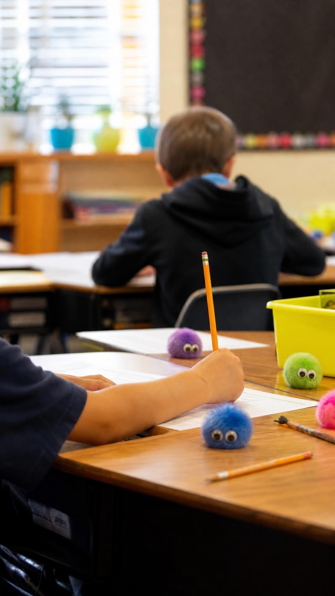 Tiny colorful pom-pom critters with googly eyes sitting on student desks beside pencils and worksheets, shallow depth of field