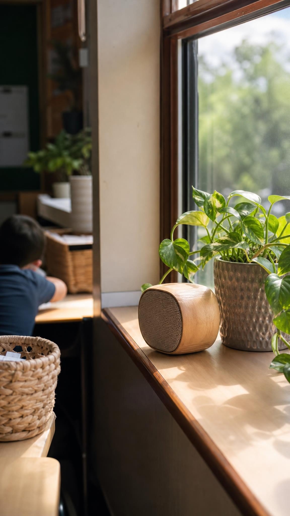 A small wooden bluetooth speaker on a classroom windowsill beside a potted plant, calm morning light