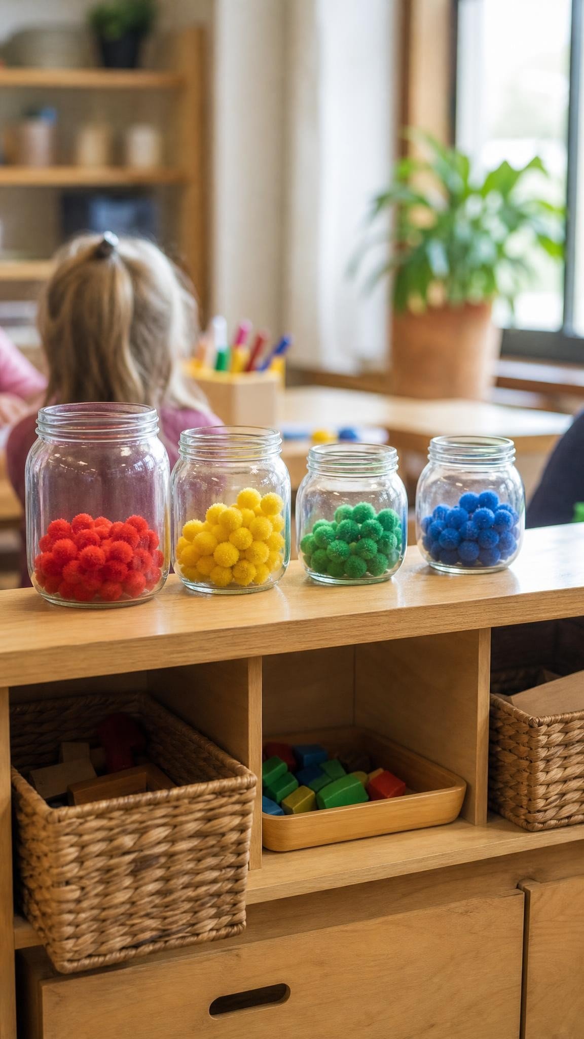 Four small glass jars on a classroom shelf each holding a different color of pom-poms at different heights