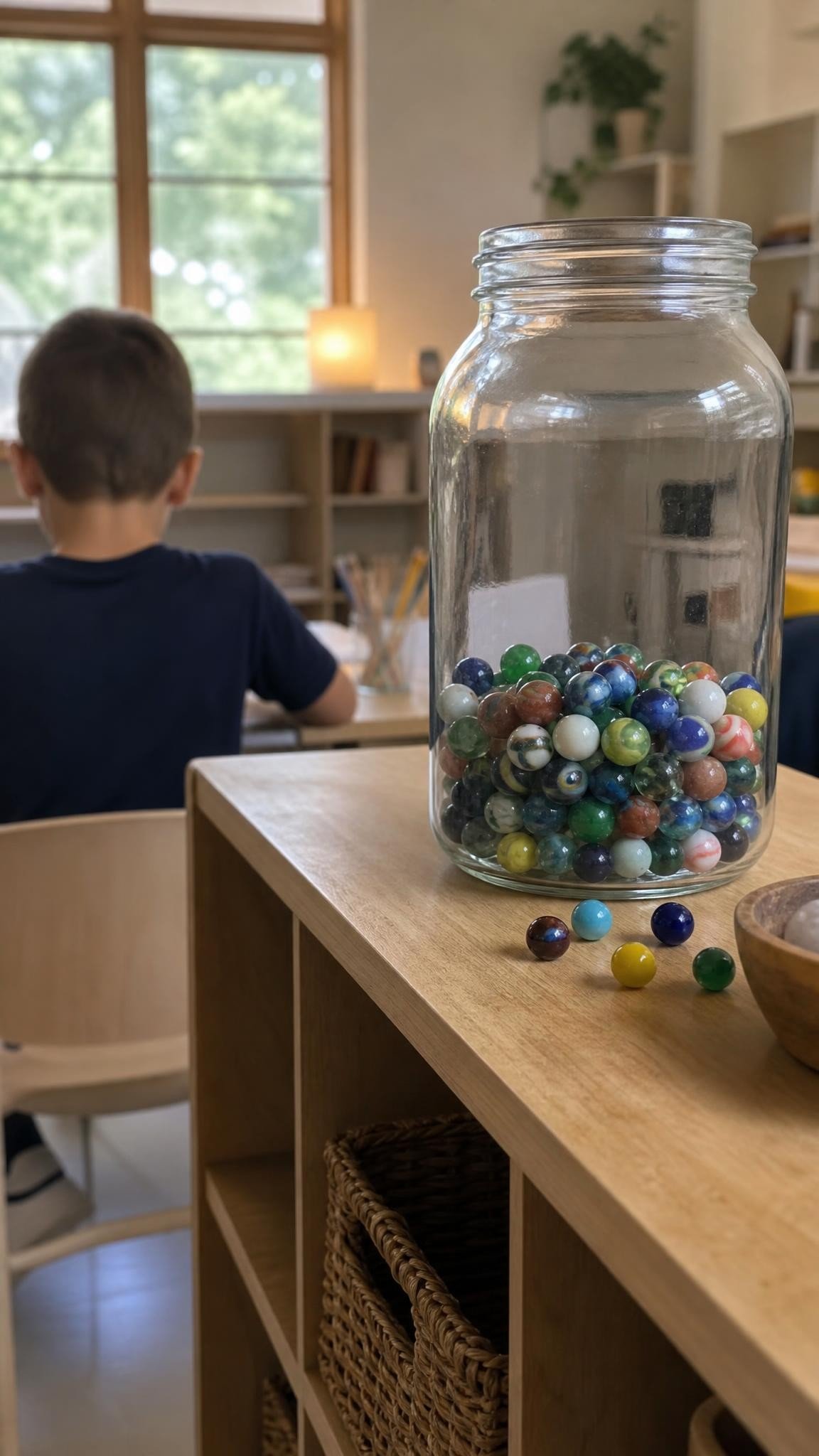 A large glass jar half full of colorful marbles on a classroom shelf, a few marbles scattered beside it