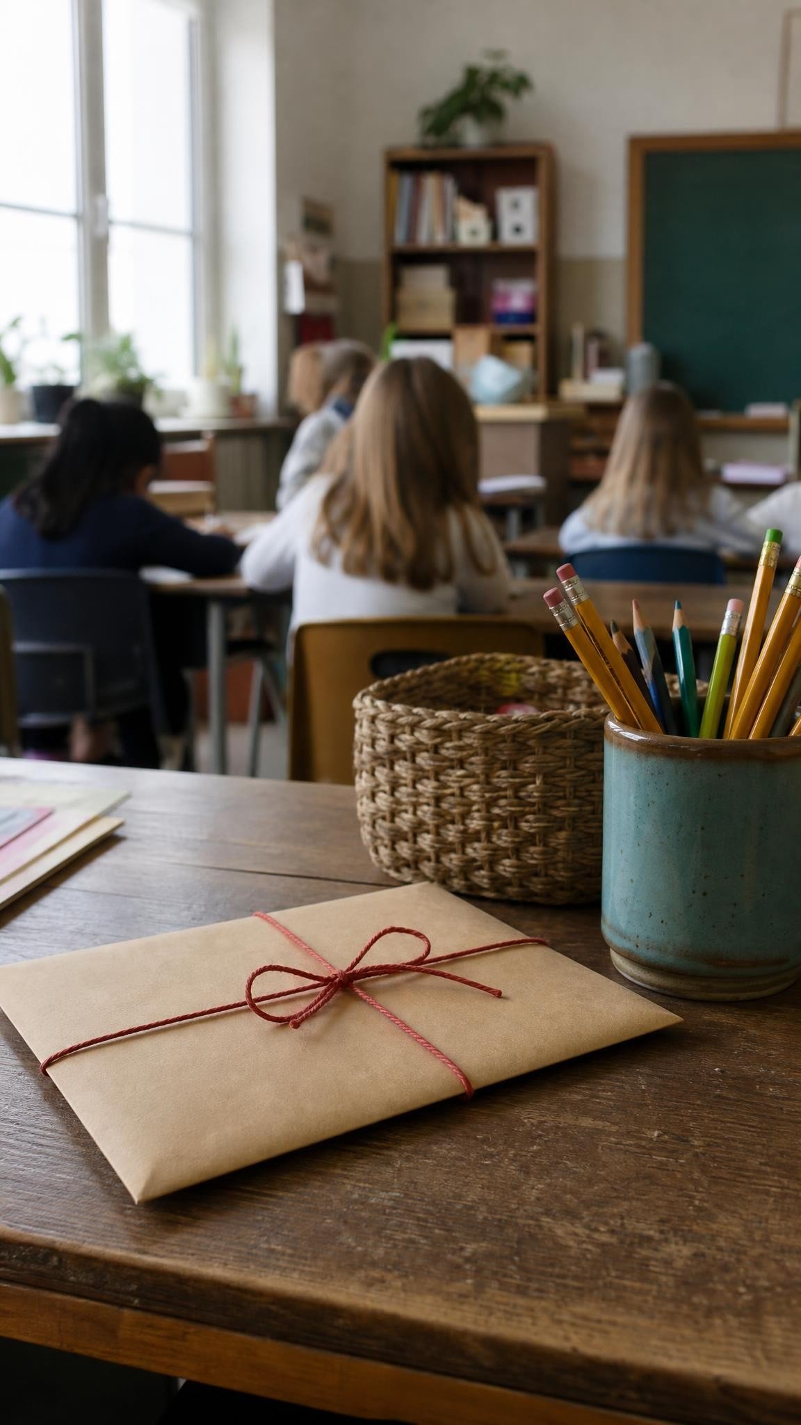 A sealed kraft envelope tied with red string on a teacher desk next to a cup of pencils