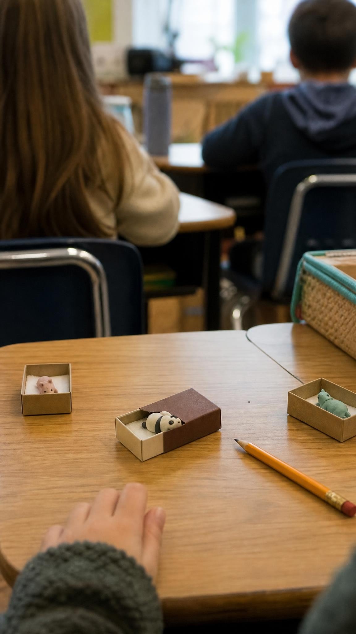 Tiny animal-shaped erasers sitting in small matchbox beds on elementary student desks