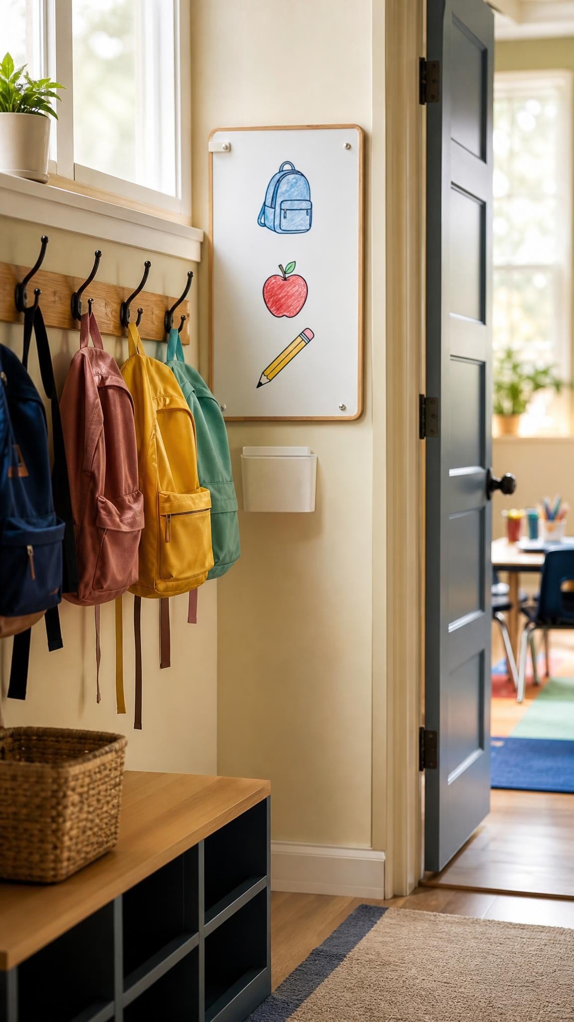 A classroom entrance with coat hooks, backpacks and a whiteboard showing three picture steps for the morning routine