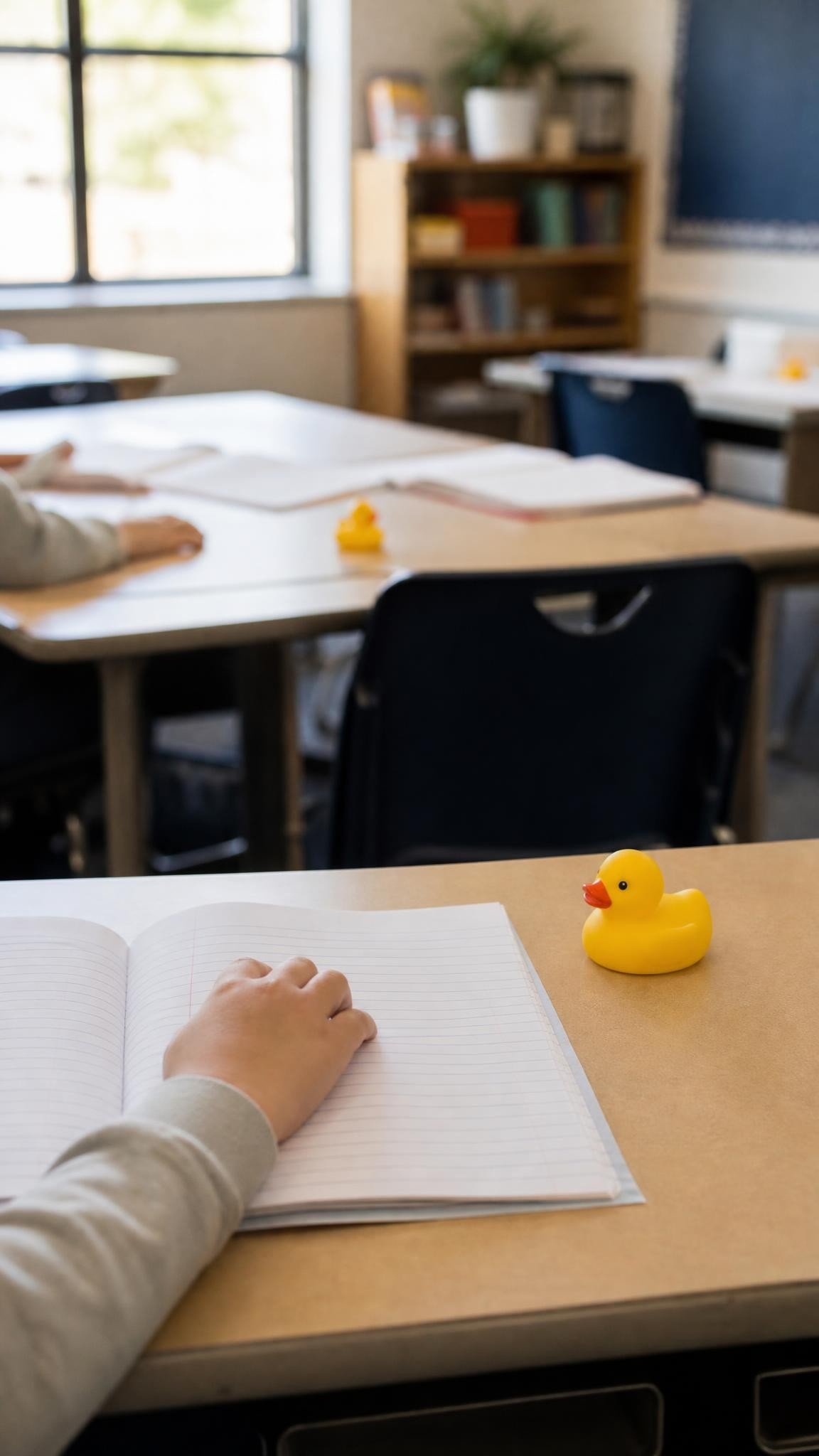 A few small yellow rubber ducks placed on elementary student desks beside open notebooks