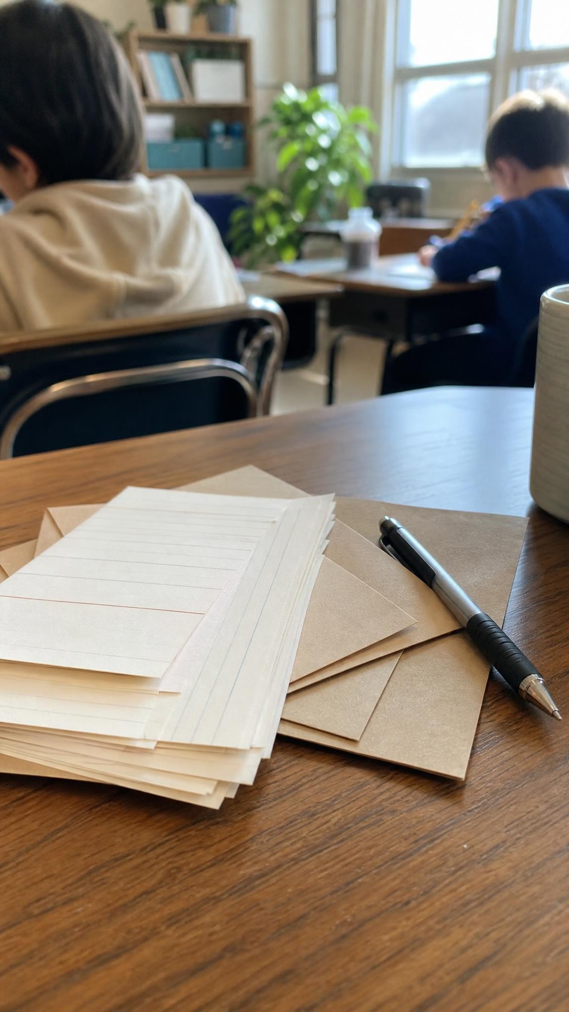 A small stack of handwritten note cards and envelopes on a wooden teacher desk with a pen, warm light
