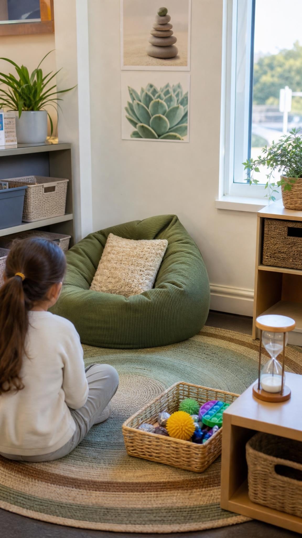 A cozy classroom calm down corner with a round rug, a soft green beanbag, a sand timer and a basket of fidget toys, calm wall posters