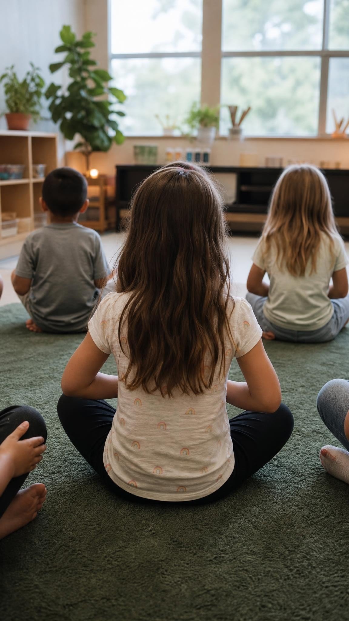 Elementary children sitting cross legged on a classroom carpet seen only from behind, hands on their bellies, calm soft light