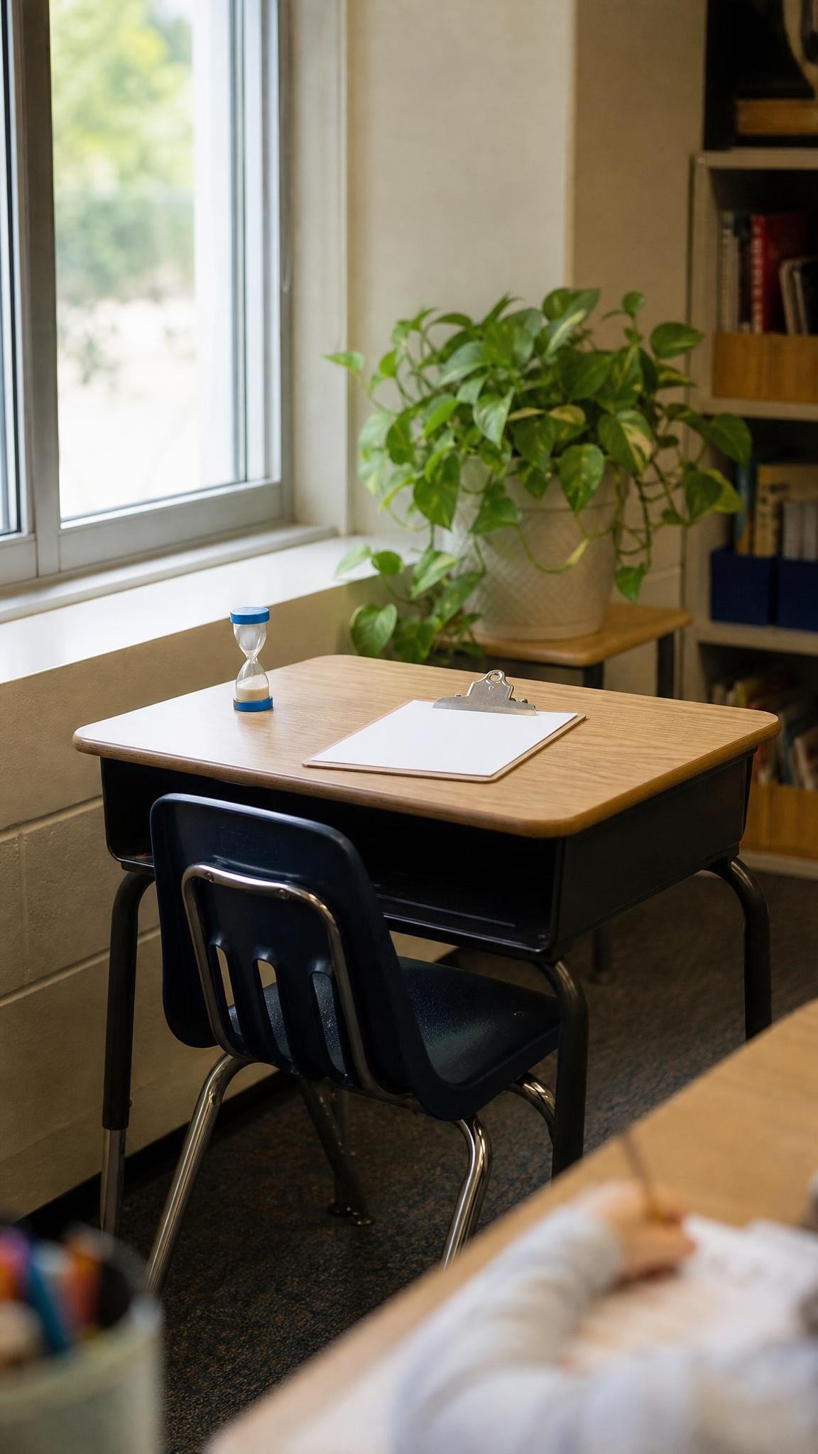 A single empty student desk beside a classroom window with a small sand timer and a clipboard on it, a soft plant beside it