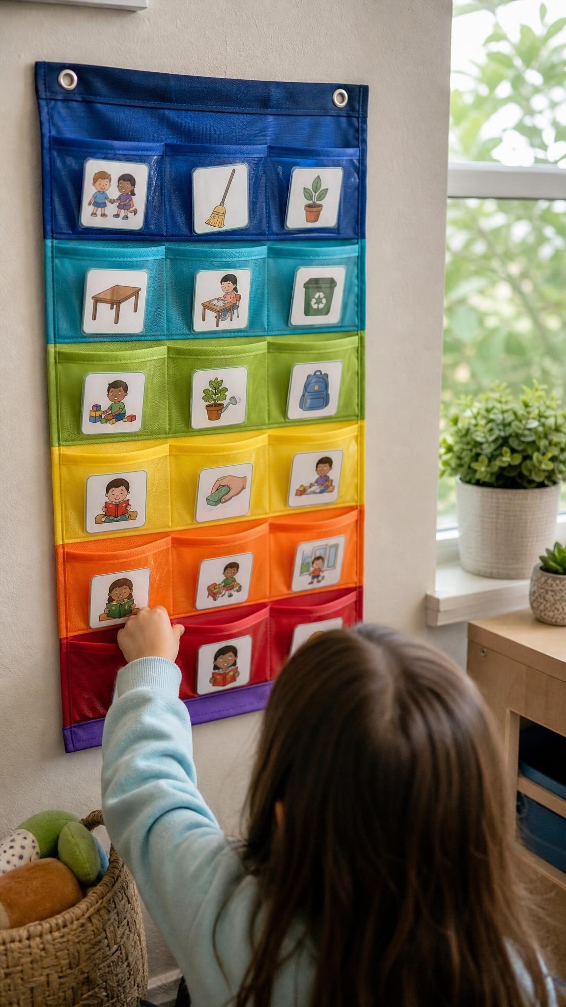 A colorful pocket job chart on a classroom wall with small illustrated picture cards in each pocket