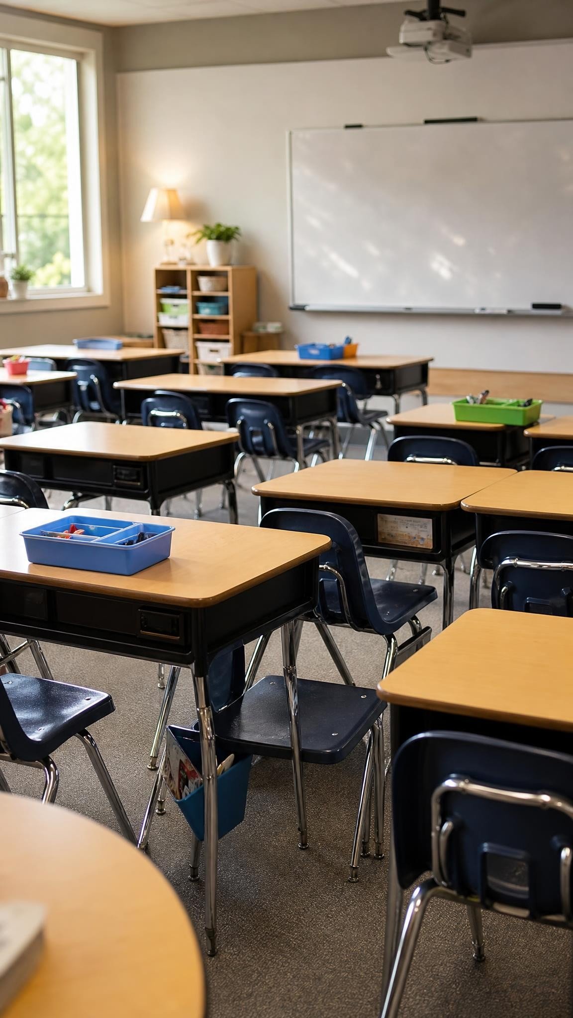 An empty elementary classroom with desks arranged in neat pairs facing the board, morning light