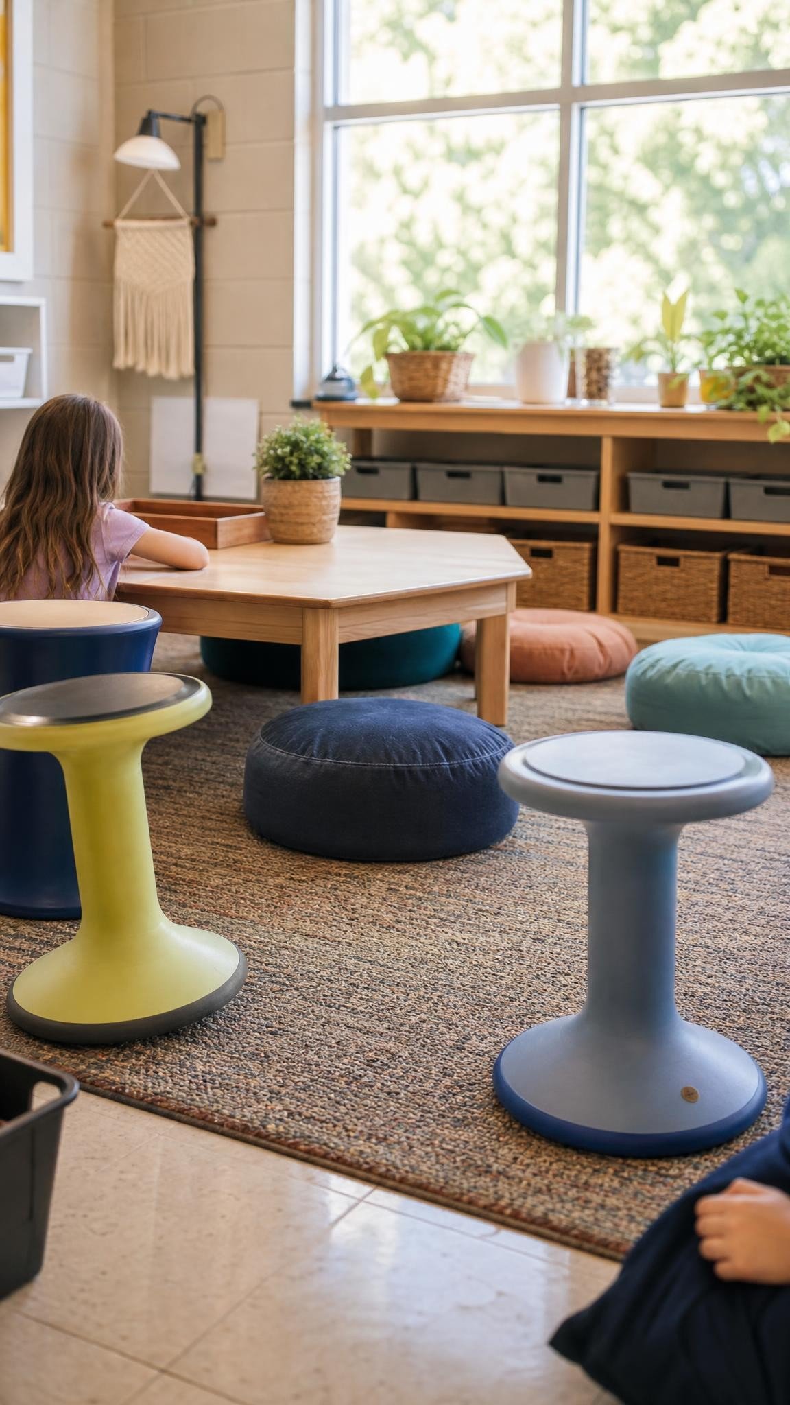 A classroom corner with colorful wobble stools and floor cushions around a low table