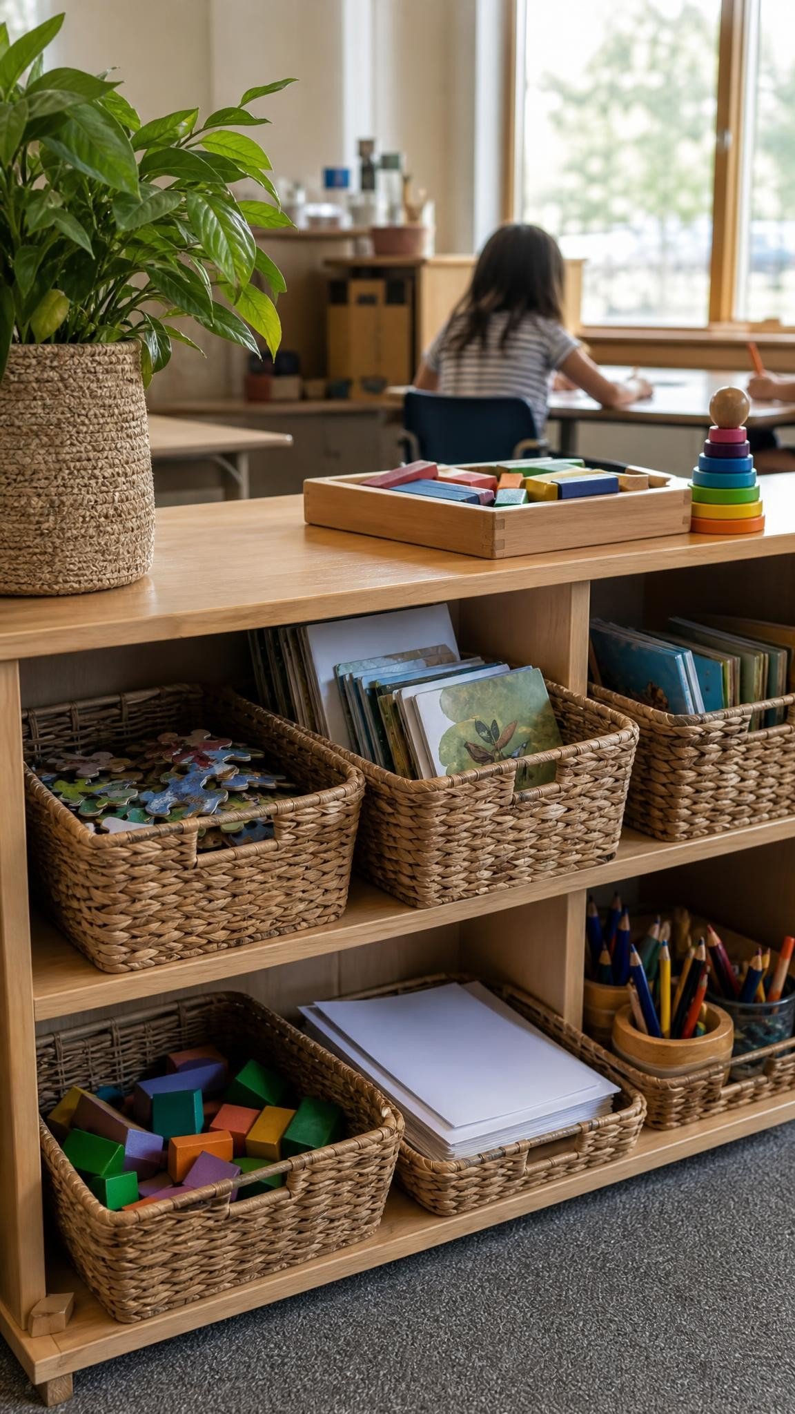 A low classroom shelf with woven baskets holding jigsaw puzzles, picture books and drawing paper, colorful but tidy